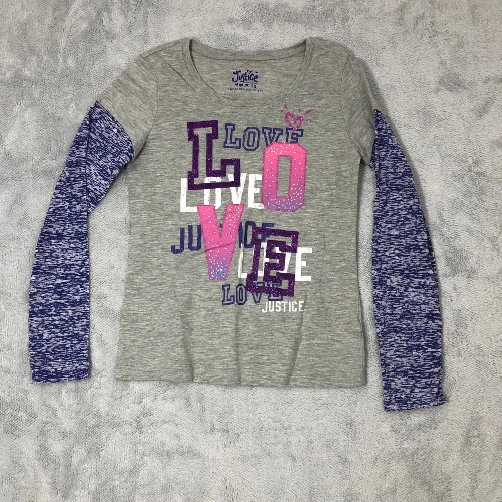Justice Graphic Tee Girls 12 Grey Pink Purple Glitter Love Long Sleeve Shirt